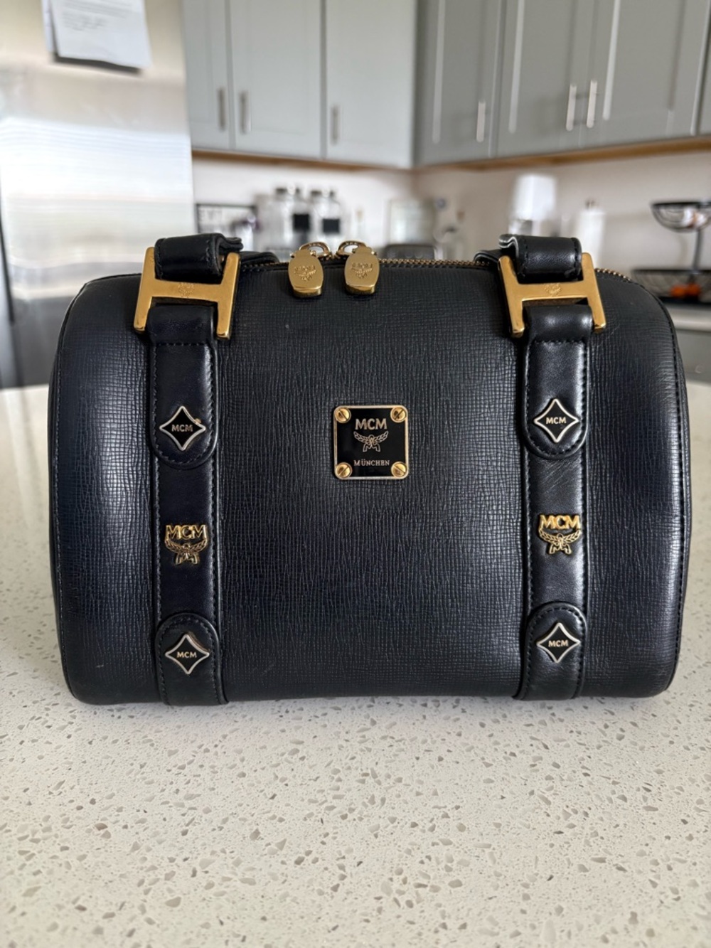 MCM Black Leather Shoulder Bag with Gold Hardware